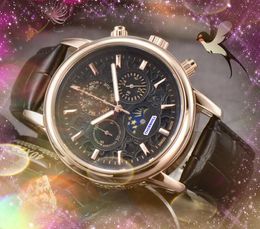 Popular Mens Moon Star Skeleton Dial Watches Stopwatch Leather Belt Clock Quartz Movement Chronograph Engraved Flowers Case all the crime timing bracelet Watch