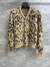 Women's Knits 2023 Fashion Mohair Blends Brown Leopard Cardigan For Women High Quality Soft V-Neck Long Sleeve Sweater Female Autumn