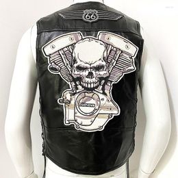 Мужские жилеты Мотоциклевые кожаные жилеты повседневные черепа вышивая куртка без воротнич