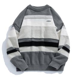 Men s Hoodies Sweatshirts retro striped round neck sweater men s autumn and winter loose lazy couple dressing 230829