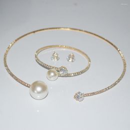 Necklace Earrings Set 4PCS Temperament Heart Crystal Zircon Collar Bracelet Earring For Women Pearl Bangle Choker Wedding Bride Jewelry