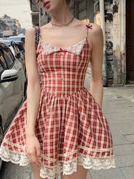 Red Plaid France Vintage Dres Bow Lace Kawaii Elegant Party Mini Dress Korean Sweet Beach Strap Female Summer 230808