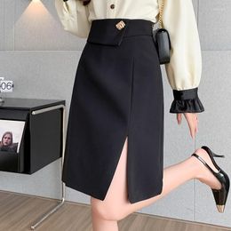 Skirts Korean Elegant Women A-Line Midi Vintage Fashion Office Lady OL Irregular High Waist Split Sexy Skirt Spring Work Bottoms