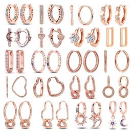 Hoop Earrings Rose Gold For Women 925 Silver Original Pave CZ Heart Ciecle Star Moon Luxury Wedding Jewellery