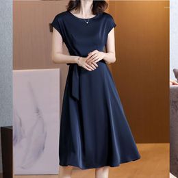 Casual Dresses Summer Elegant Fashion Office Lady Chic Dress Women Solid Colour Round Collar Short Raglan Sleeve Drawstring Drape Long Robes