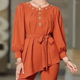 Ethnic Clothing Middle East Muslim Women's Set Luxury Diamond Irregularity Long Sleeve Top Slim Split Pants For Party Saudi Arabian Clothes