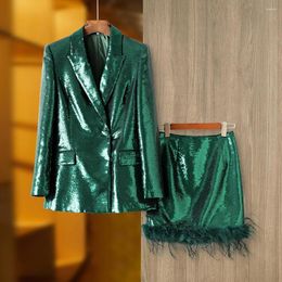 Two Piece Dress Evening Party Designs Eye-catching Shing Sequins Women 2PCS Blazer Suits Dark Green Ostrich Feather Patchwork Lady Skirt