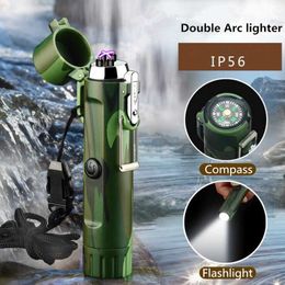 New Waterproof Plasma USB Lighter with Compass and Flashlight Rechargeable Dual Arc Cigarette Camping Outdoor Gadget 7LNO