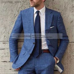 Men's 2-Piece Linen Suit Casual Slim Fit Vintage Suits Groomsmen Tuxedos Wedding Summer Beach Blazer Pants Set Q230829