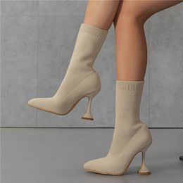 Boots Women Stretch Ankle 10cm High Heels Lady Fetish Stripper Knitted Sock Booties Brown Spike Winter Nightclub Shoes 230829