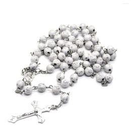 Pendant Necklaces 8mm White Colour Engraved Rosary Beads Necklace For Women Men Religious Christian Cross Prayer Jewellery