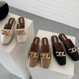 Slippers Gold Chain Designer Women Slipers Sandals Square Toe Flat Casual Spring Summer Slides Slip On Mules Female Outdoor Flip Flop