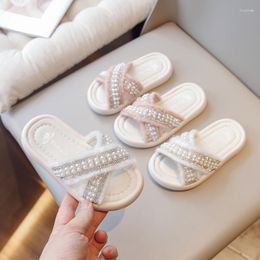 Slipper Princess Outdoor Slippers 2023 Cross Kids Fashion Pearls Flats Open-toe Children Casual Shoes Breatheable Soft Girls Sandals PU