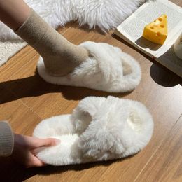 Slippers 2023 Women's Fluffy Soft Thick Soled Plush Shoes Home Indoor Cross Over Non-Slip Warm Ladies For Winter