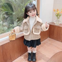 Jackets Winter Girl Plaid Coat Wool Collar Cotton Thickened Top 2023 Autumn And Children's Outwear