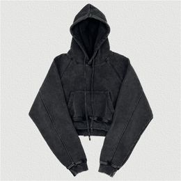 Men s Hoodies Sweatshirt Super Short Cropped Hoodie Hip Hop Vintage Black Fleece Raglan Pullover 355gsm Streetwear 230829