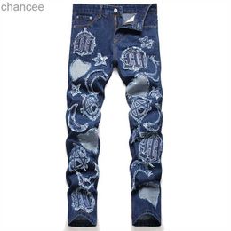 Autumn Men's Blue Classic Jeans Mid-Waist Slim Embroidered Denim Pencil Pants Hip Hop Torn Fashion Clothing HKD230829