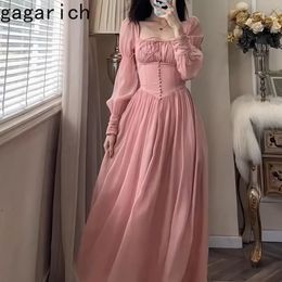 Basic Casual Dresses Gagarich Women Fairy Gentle Sweet Style Temperament Square Neck High-end Solid Pink Dress Waist Show Thin Long Vestidos Mujer 230828