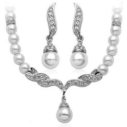 White Gold Tone Tear Drop White Faux Pearl and Rhinestone Crystal Diamante Wedding Necklace and earrings Jewellery Sets