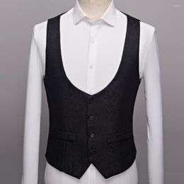 Men's Vests Man Solid Jacquard Sleeveless Waistcoat Single-breasted V-neck Business Vest Wedding Party Men Blue Red Black