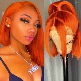 Orange Ginger Bone Straight Bob Wig HD Transparent Lace Front Human Hair Wigs For Women Glueless