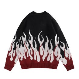 Men's Sweaters Retro Flame Printed Contrast Colour Pullover Autumn for Men and Women Round Neck Patchwork Hip Hop Baggy Knitted Tops 230828