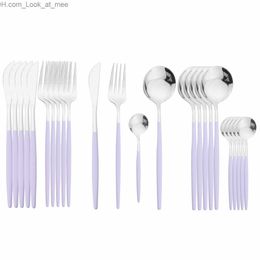 24Pcs Light Purple Handle Silver Cutlery Set Stainless Steel Tableware Dinnerware Flatware Knife Fork Spoon Kitchen Silverware Q230829