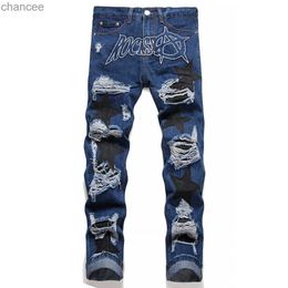 Men Stars Patches Denim Jeans Letters Embroidery Holes Ripped Distressed Pants Loose Straight Trousers Blue Black HKD230829