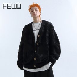 Men's Sweaters FEWQ Lazy Sweater Skin Warm Wrapping Feel Imitation Mink Hair Irregular Buckle 2023 Vneck Single Breasted Male Tops 230828