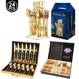 The latest 24-piece tableware set wooden box stainless steel tableware, many styles to choose from, any logo can be Customised