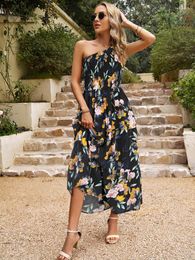 Casual Dresses Roll Waist Sleeveless Pleated Floral Printed Women One Shoulder Beach Holiday Party Dress 2023 In Fahion Vestidos
