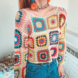 Women's Sweaters Original Handmade Retro Ethnic Rainbow Crochet Pullover Square Hook Flower Long Sleeve Sweater Hollow Out Contrast Colour Tops 230829