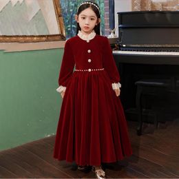 Girl Dresses Burgundy O-Neck Full Sleeves Ankle-Length Vintage Pleat A-Line Kids Party Communion For Weddings A2045
