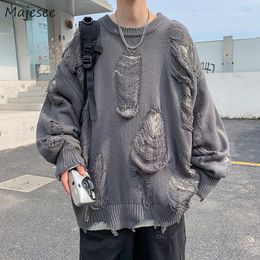 Mens Sweaters Ripped Pullovers for Men Baggy High Street Retro Japanese Design Y2k Knitwear Harajuku Handsome Cool Teens Chic 230829