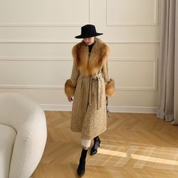 Womens Fur Faux Winter Women Wool Blends Long Coat Real Red Collar Cuffs Thick Warm Jacket T Plaid Luxury Female 230828