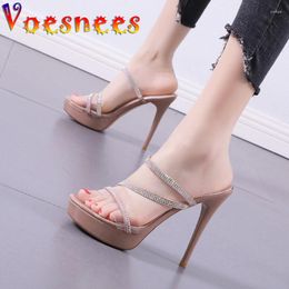 Slippers Slipper Women 2023 Summer Fashion Diamond Transparent 12cm High Heels Waterproof Sandal Female Model T Station Catwalk Shoes