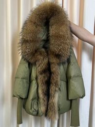 Womens Fur Faux Real Raccoon Coat Hooded Winter Jacket Women White Duck Down Outerwear Streetwear Loose Oversize Thick Warm Casual 230828