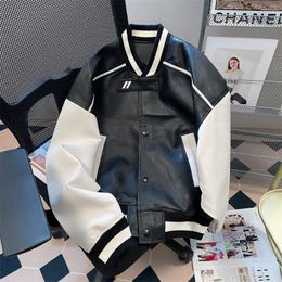 Men's Jackets Retro Black White Contrast Colour Short Jacket Baseball Uniform Women Spring Autumn Vintage Single-breasted Leather