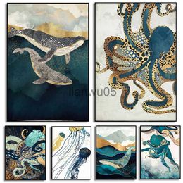 Metal Painting Metallic Marine Life Golden Whale Jellyfish Octopus Stingray Canvas Painting Ocean Animals Posters Wall Art Pictures Home Decor x0829
