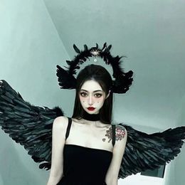 2pcs/lot Lolita Black Feather Devil Goddess Sun Halo Crown Headband Gothic Vintage Mary Baroque Tiara