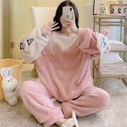 Women's Sleepwear Long Fleece Stitch Pyjamas For Women Autumn And Winter Flannel Thickened Warm Suit Round Neck Plus Large Size