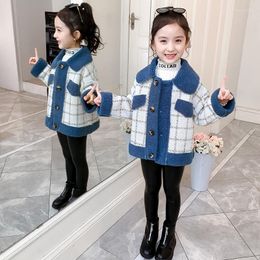 Down Coat Girls Fashion Plaid Spliced Velvet Jacket Fall Winter Kids Woollen Casual Children's Lamb Berber Fleece Warm Outerwear P329