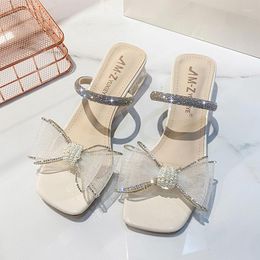 Slippers Open Toe Crystal Bow Mid Heels Women Slides Fashion Shoes 2023 Summer Brand Slingbacks Sandals Flip Flops Femme