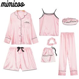 Womens Sleepwear Pink 7 Pieces Pyjamas Sets Faux Silk Striped Pyjama Women Spring Summer Autumn Homewear Lounge Home Clothes 230828