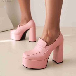 High Pumps Fashion Autumn Platform Dress Pink Women White Soft Leather Square Toe Thick Heels Party Woman Office Shoes Plus Size 34-43 T230829 437