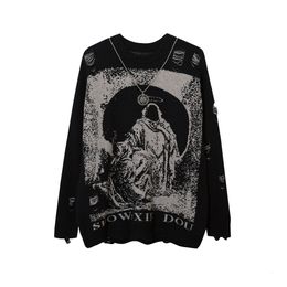 Mens Sweaters With Necklace Ripped Oversized Frayed Knitted Black Goth Men Y2k Grunge Women Vintage Sweater Harajuku Tops Pullovers 230828