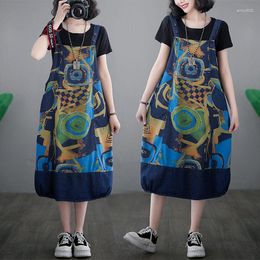 Casual Dresses Large Size Denim Flower Print Dress For Women's Summer Wear 2023 Loose Fashion Versatile Overall Strap Z01179