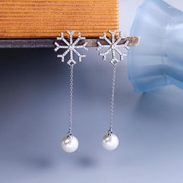 Dangle Earrings BALANBIU Exquisite Zircon Snowflake Glass Pearl White Gold Colour Brass For Women Gifts Fashion Jewellery Accessory