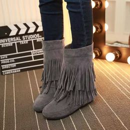 Winter Women's Boots Fashion Tassel Large Size Round Head Inside Increase Ankle Boots Comfortable Warm And Velvet Non-Slip Cotton Shoes
