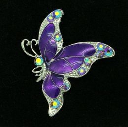 Silver Tone Purple Butterfly brooch with Crystals Drip oil